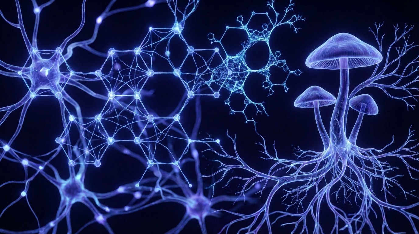 Abstract neural pathways illuminating in deep blue and violet light, representing psilocybin's effect on brain connectivity