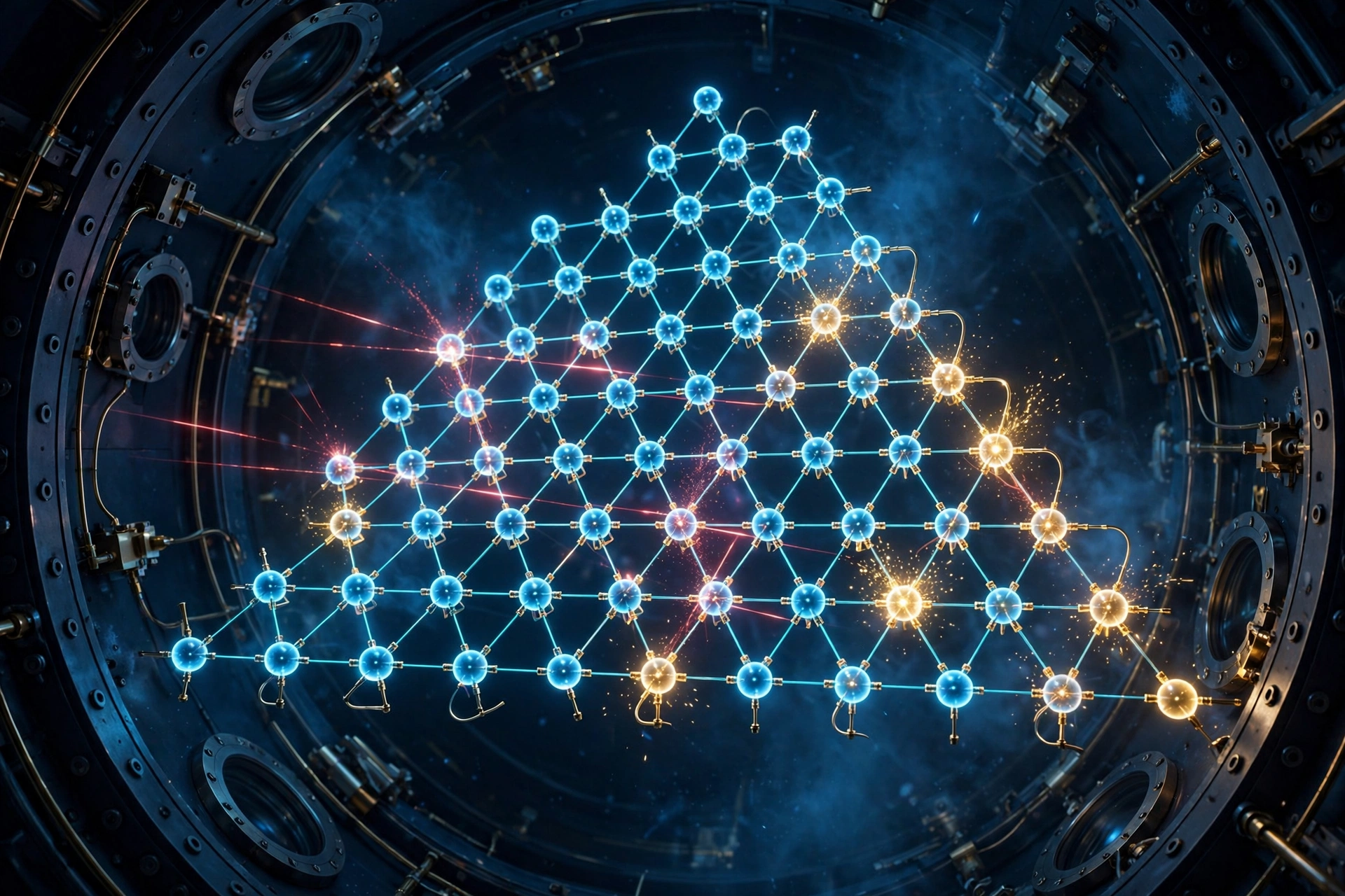 Glowing blue trapped-ion qubits arranged in a triangular lattice inside a vacuum chamber, with faint red error signals being absorbed and corrected across the lattice