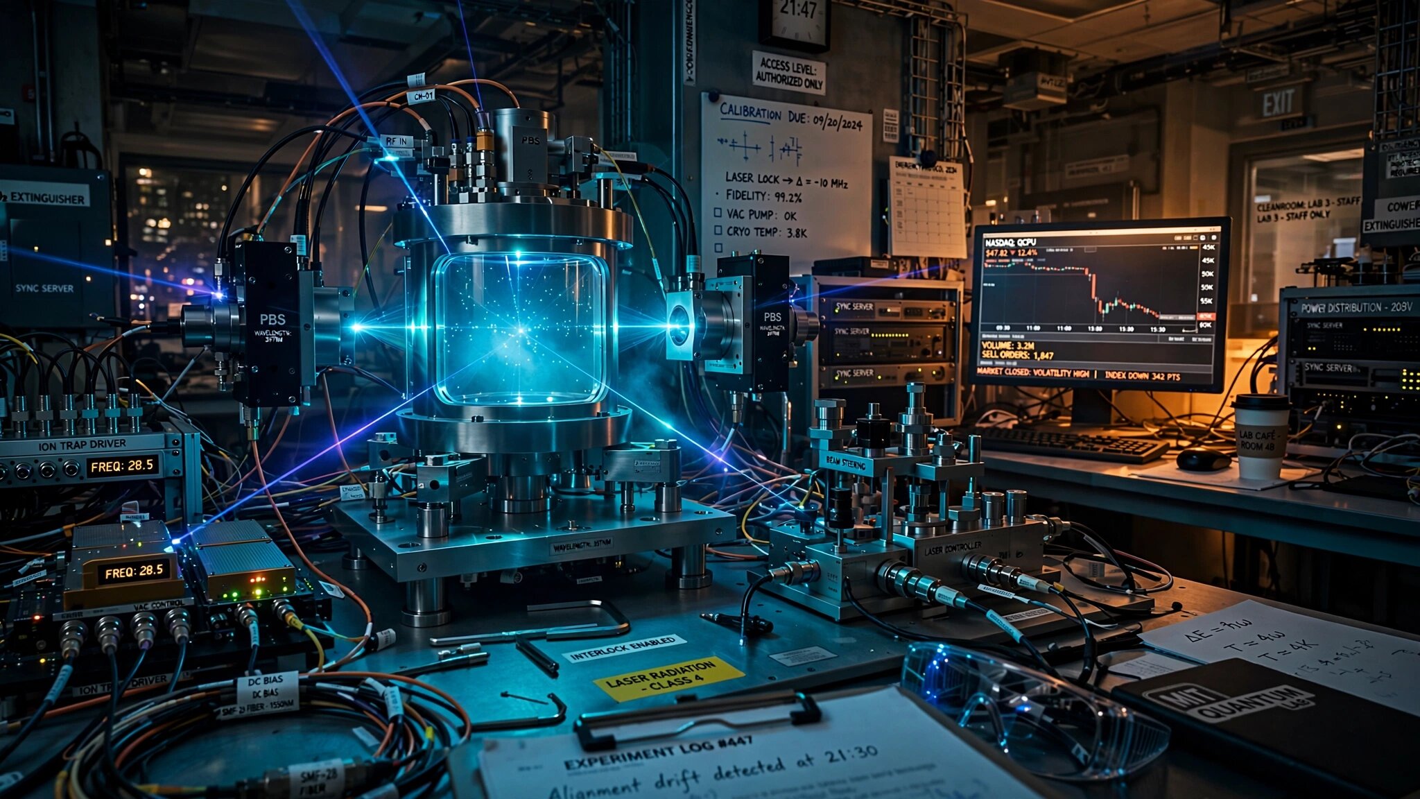 Interior of a quantum computing laboratory with trapped-ion hardware glowing faintly blue, juxtaposed against a stock trading terminal displaying a declining chart