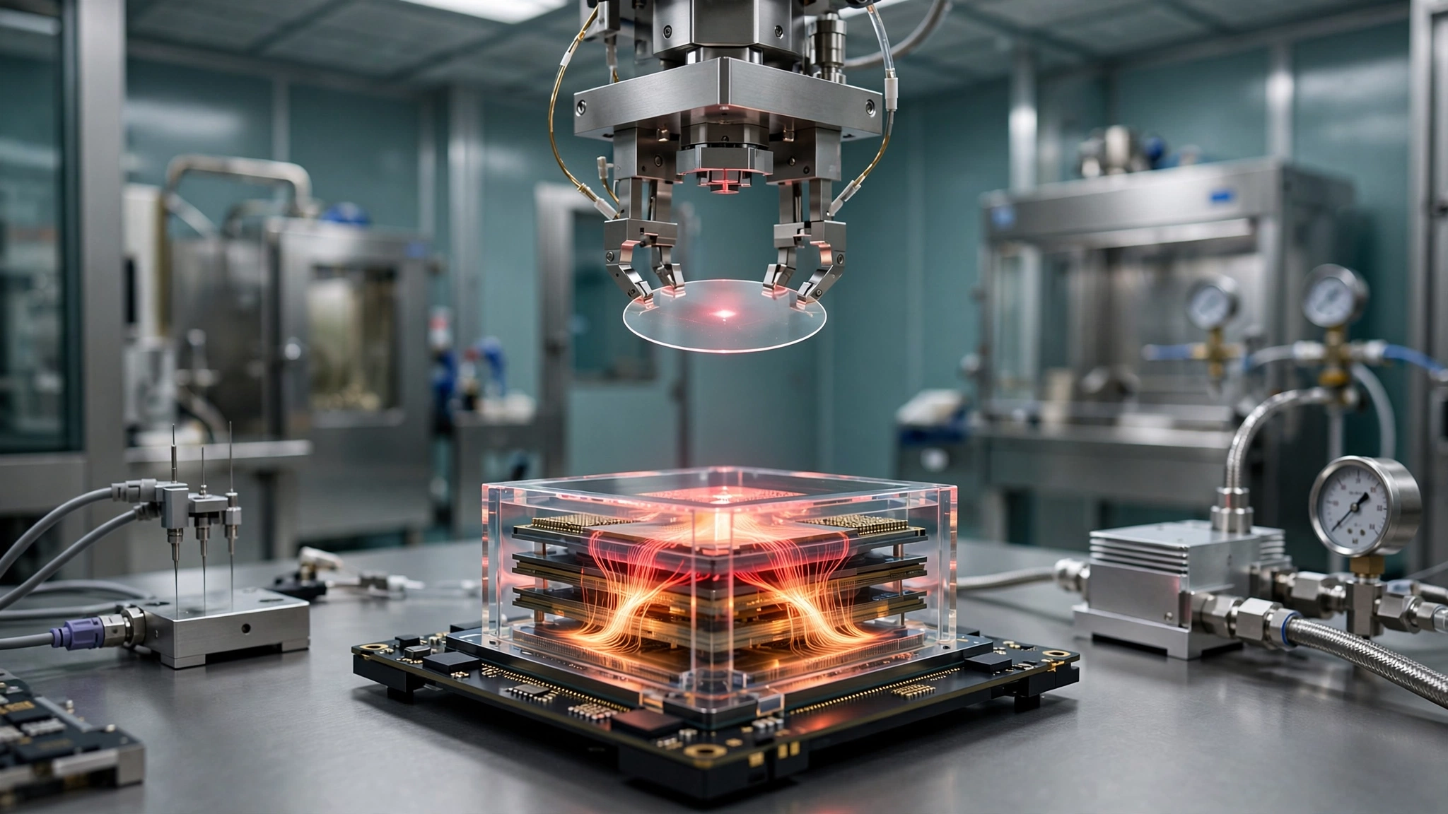 A synthetic diamond wafer glowing with faint red fluorescence suspended above a sealed semiconductor package in a cleanroom environment, with microscopic current-flow paths visualized as luminous threads running through stacked silicon layers