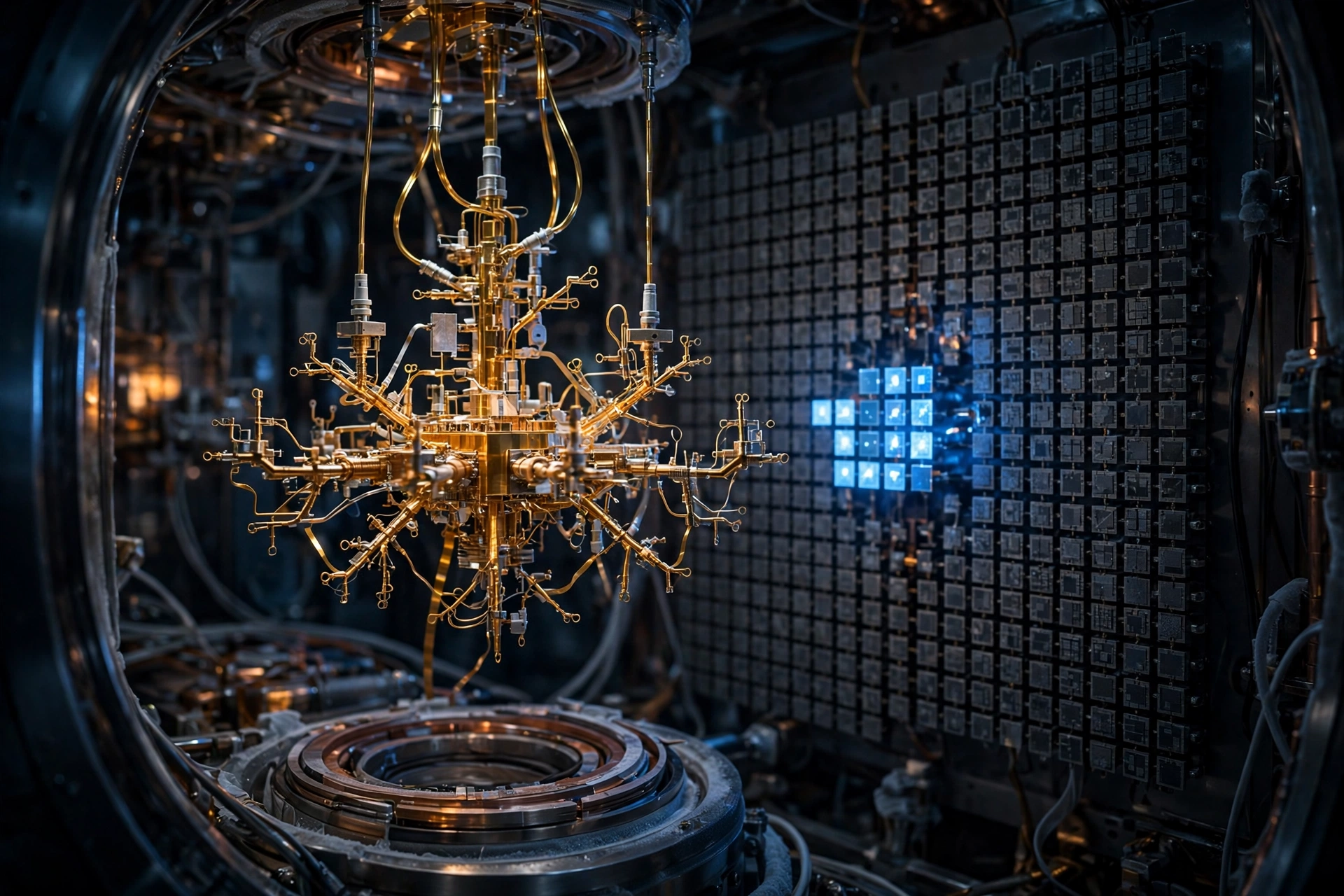 A golden superconducting quantum processor suspended in a dark cryostat chamber beside a vast grid of qubit tiles, with only a small bright blue subset glowing to suggest drastically reduced error-correction overhead