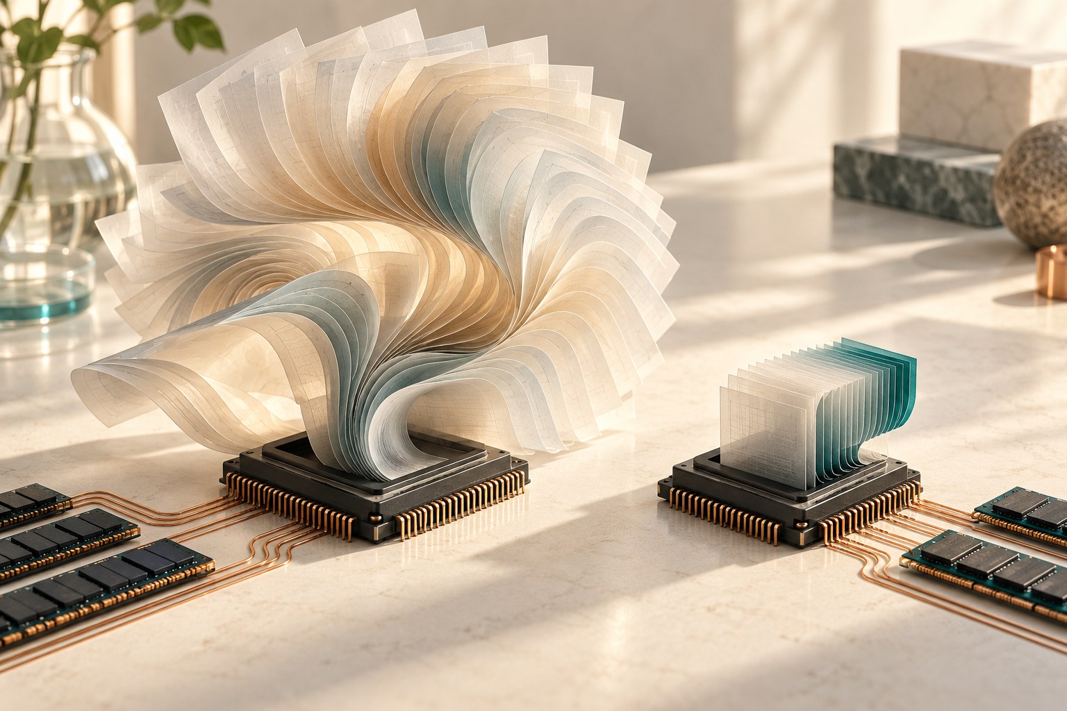 Editorial illustration of two silicon chips holding a large curling ribbon and a compact stack of sheets, representing different conversation memory requirements.