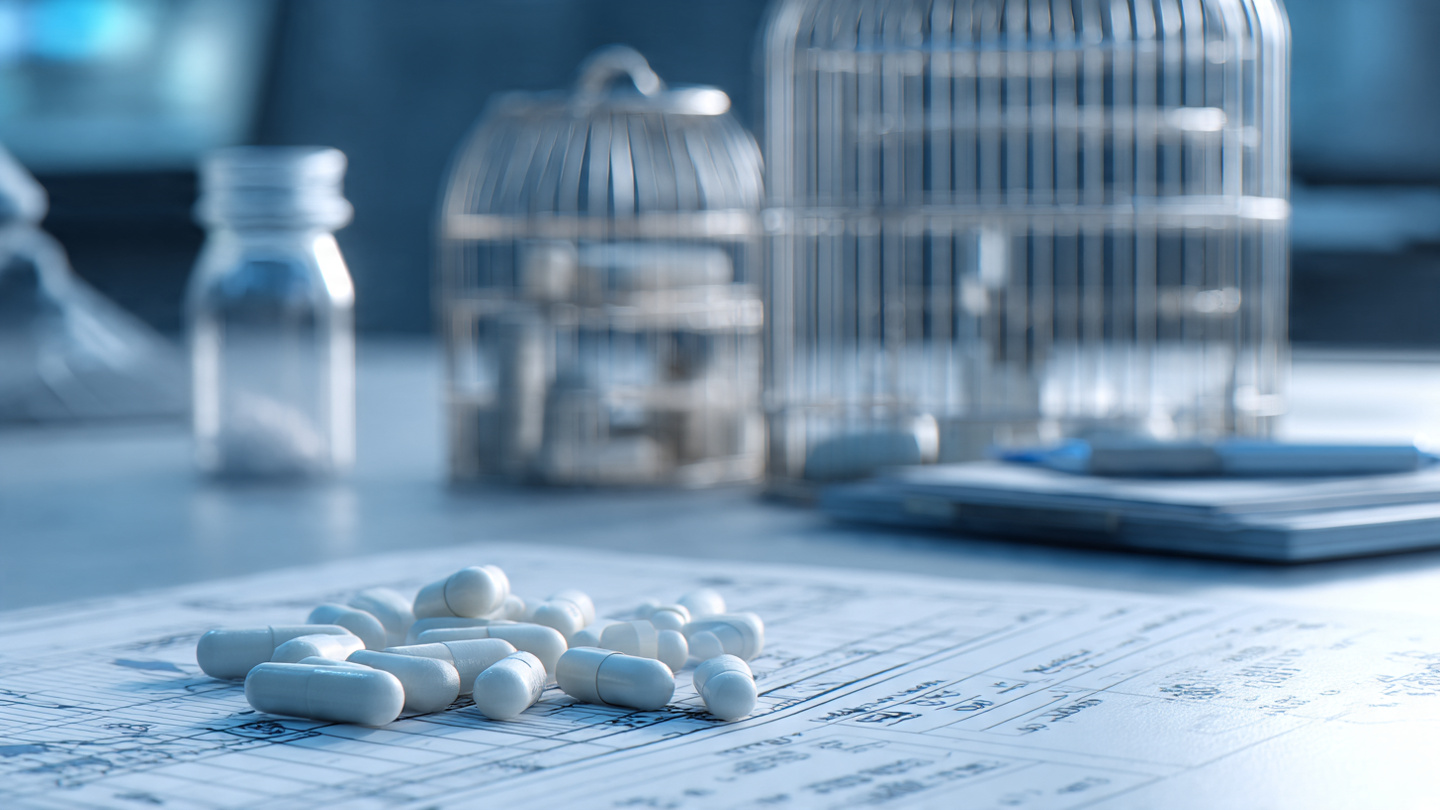 Laboratory vials of rapamycin next to aging research equipment in a clinical setting