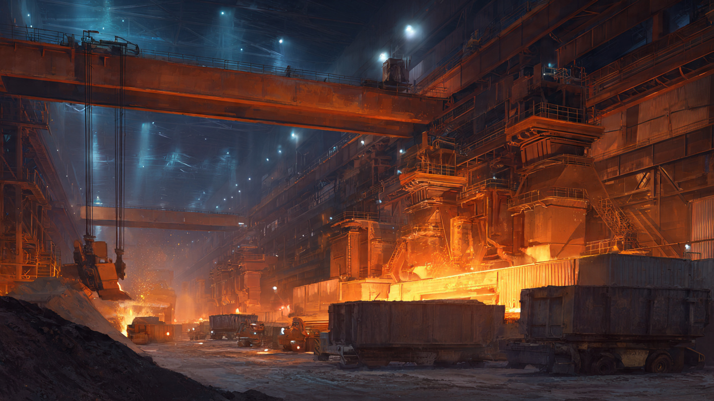 Industrial rare earth mineral processing facility with glowing molten material and stockpile containers in dramatic lighting