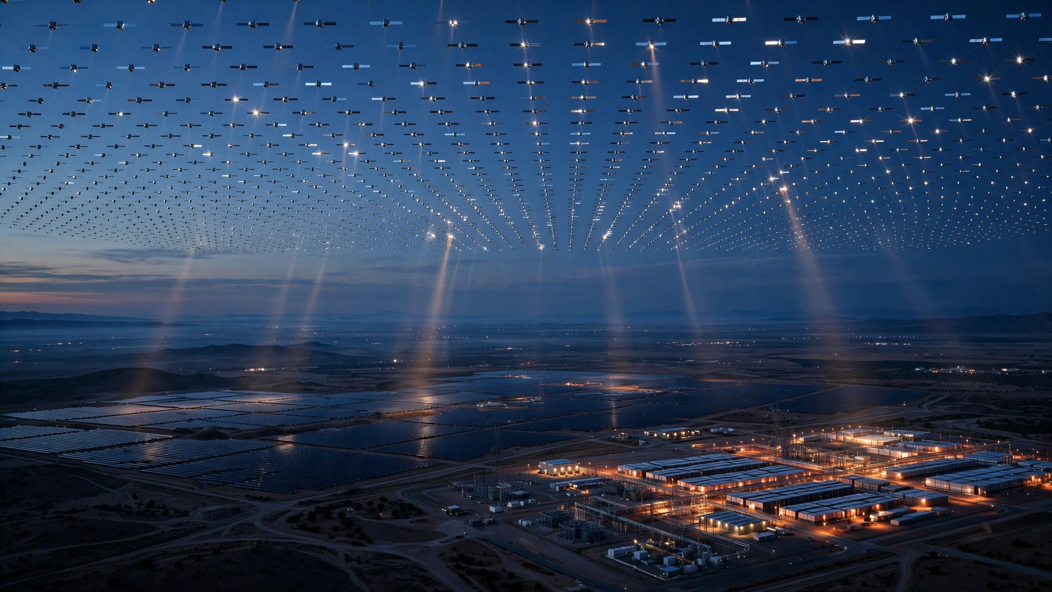 A vast grid of thin reflective satellites in orbit above Earth at twilight, casting faint beams of light toward a solar farm below, while a battery storage facility glows steadily nearby