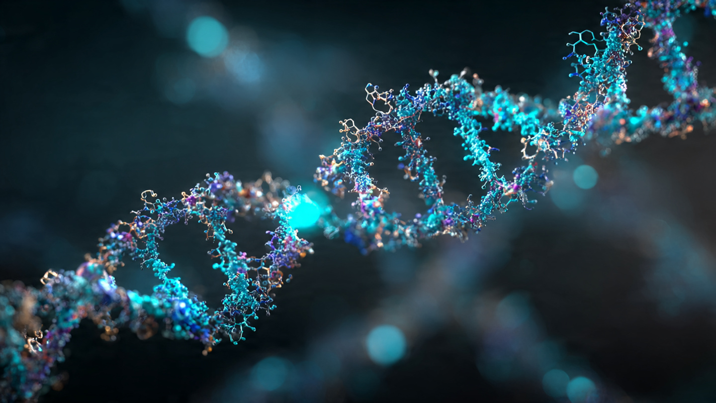 Molecular visualization of an RNA strand being precisely edited by an oligonucleotide guide, glowing nucleotides against a dark laboratory background