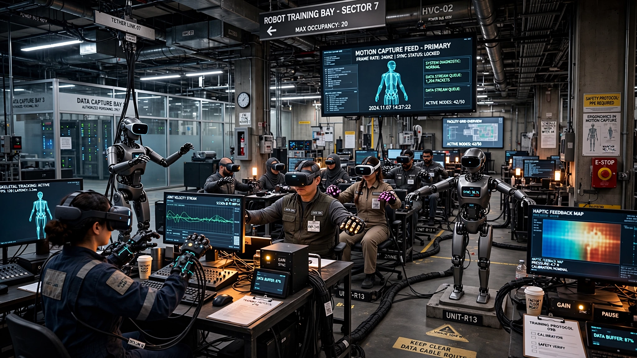 Workers in VR headsets remotely controlling humanoid robots in a data collection facility