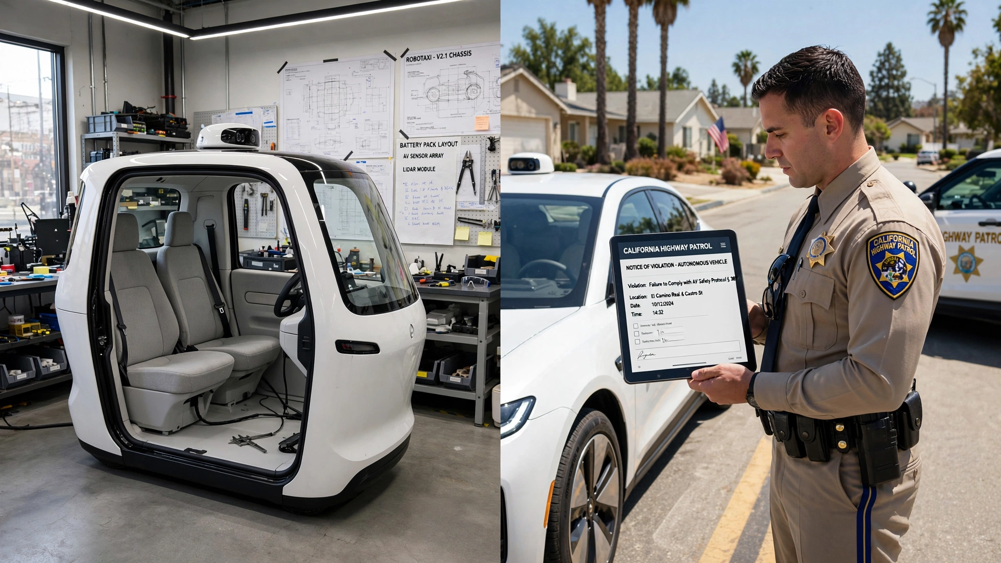 Split image showing a robotaxi without a brake pedal and a California highway patrol officer issuing a citation to a driverless car