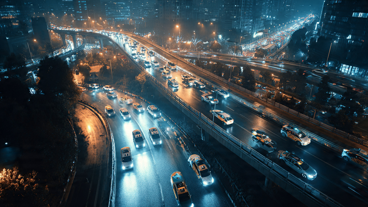 Aerial view of a busy urban highway at night with multiple autonomous robotaxis stopped motionless in traffic lanes, city lights in background