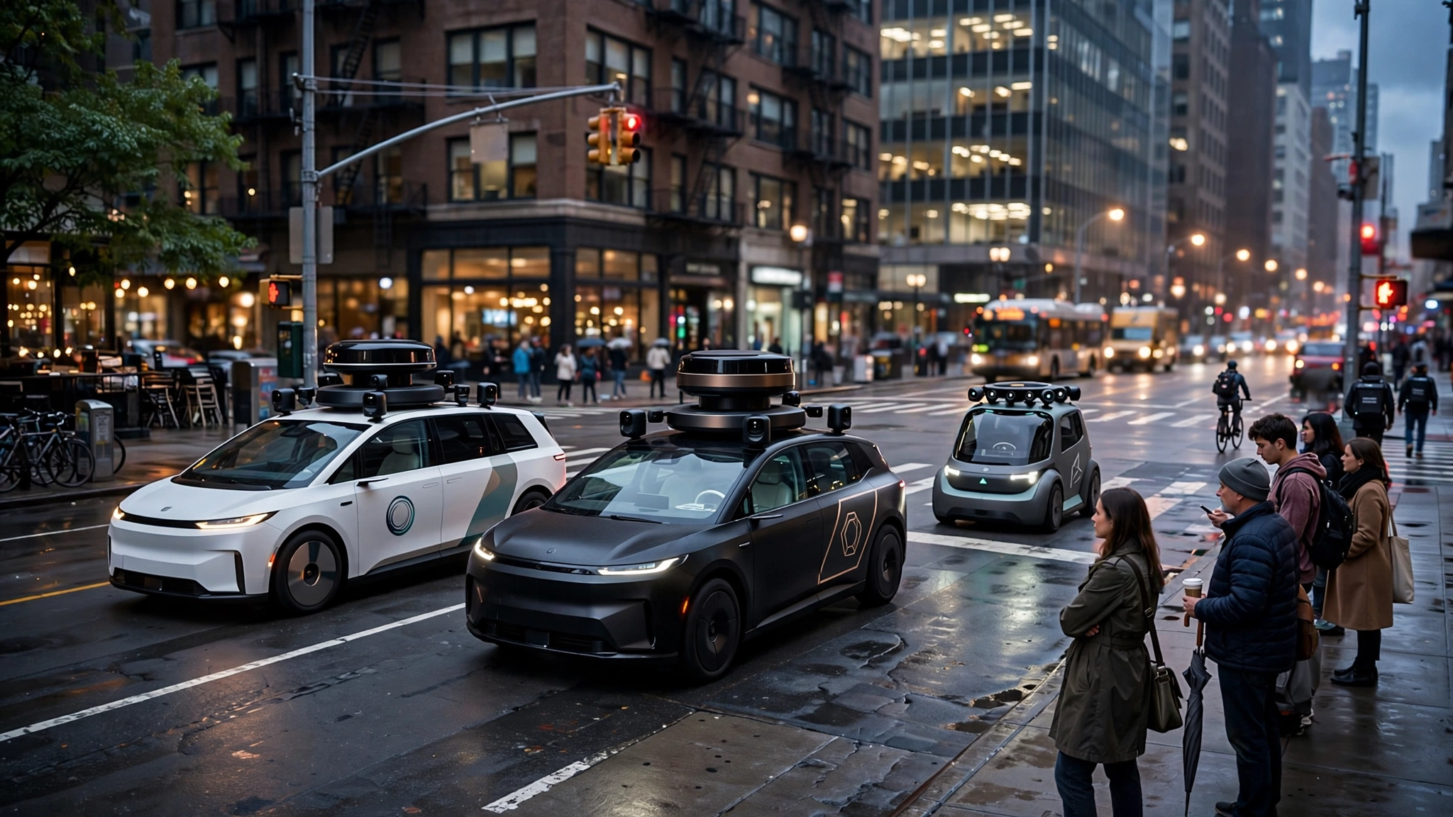 Multiple autonomous robotaxi vehicles from competing companies at a busy urban intersection at dusk