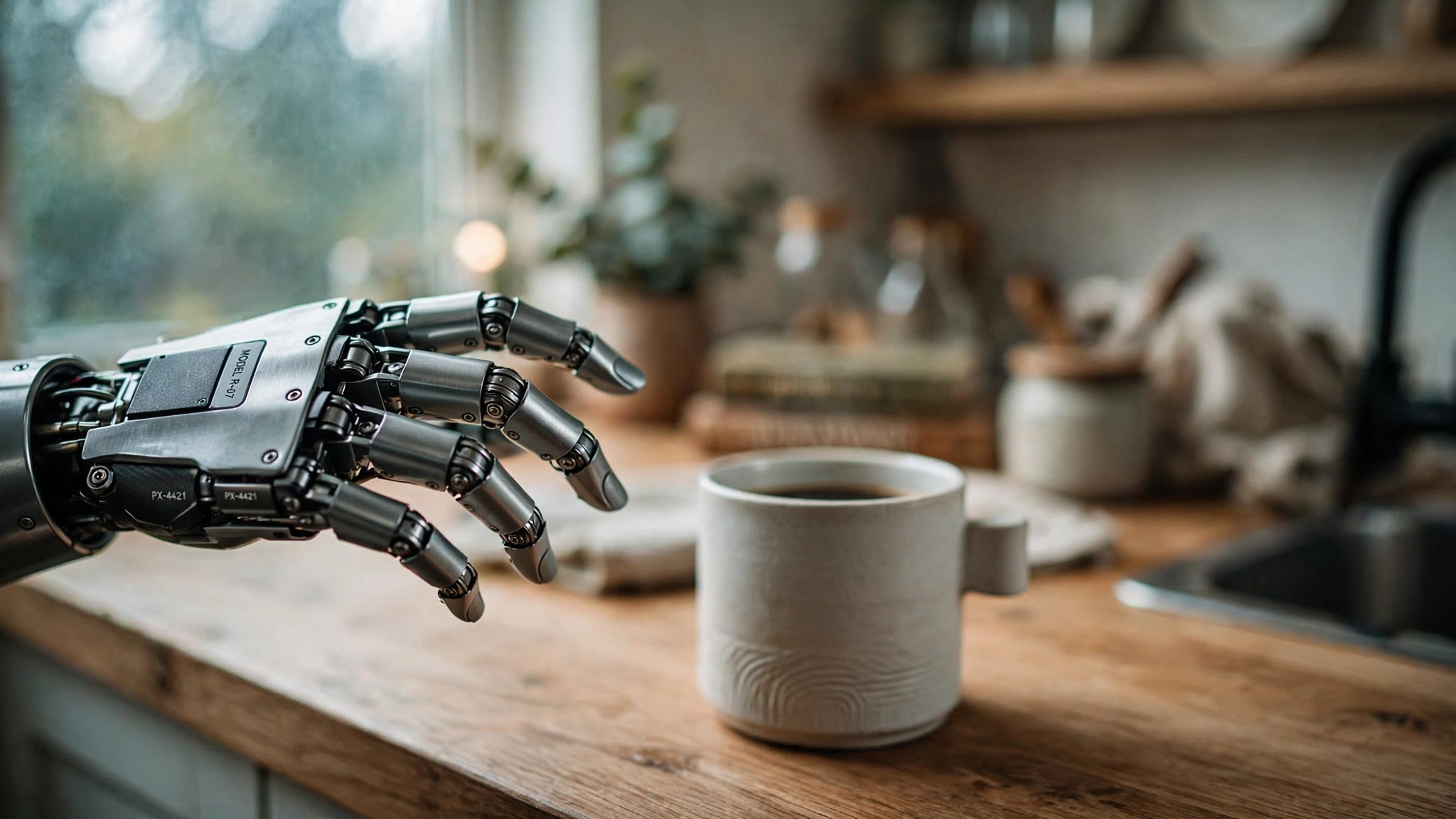 A metallic humanoid robot hand reaches hesitantly toward a simple ceramic coffee mug on a kitchen counter, frozen just before grasping it