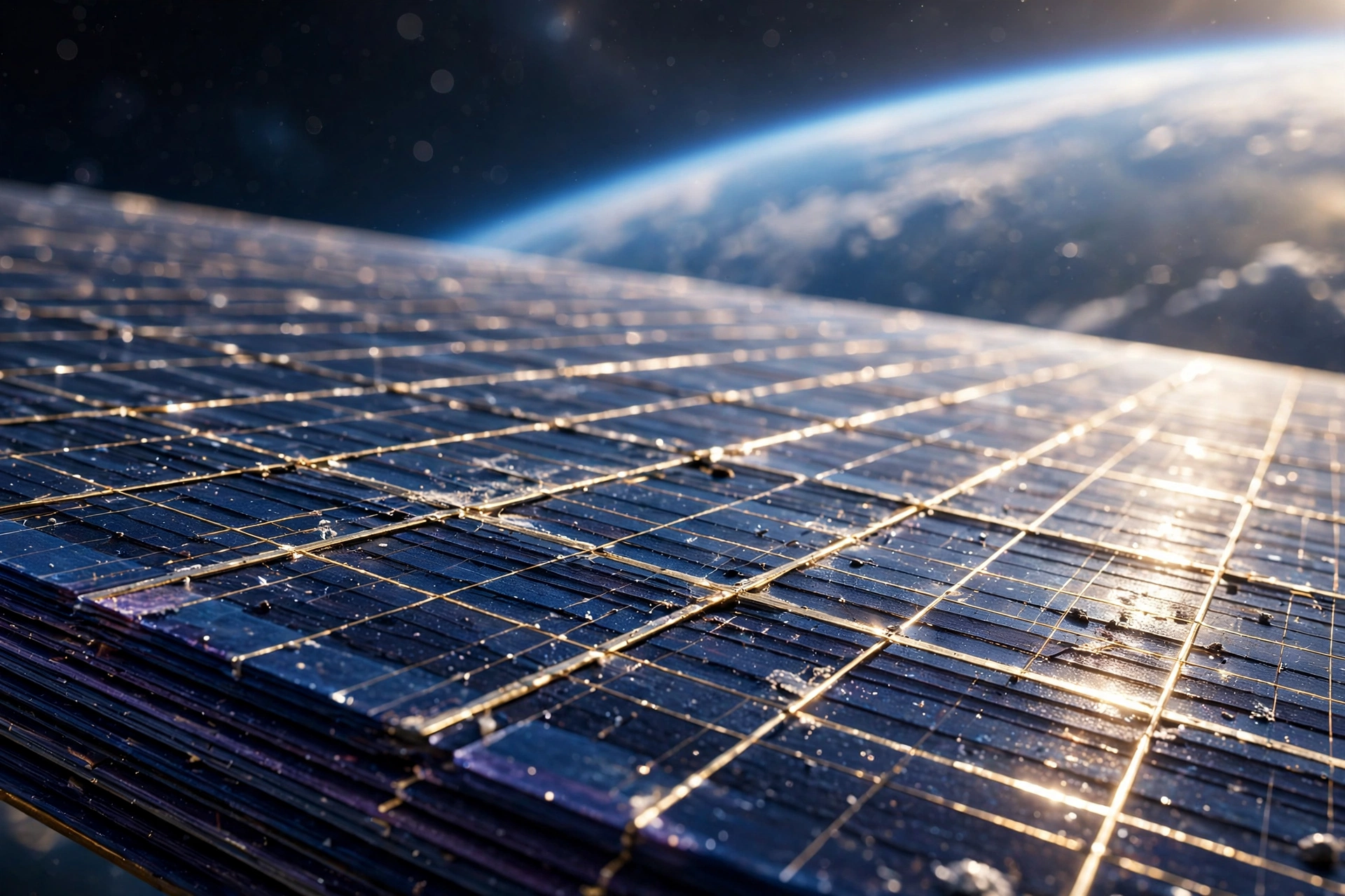Close-up of advanced multi-junction solar cells for satellites, layered blue photovoltaic material with fine grid lines, Earth visible in the background