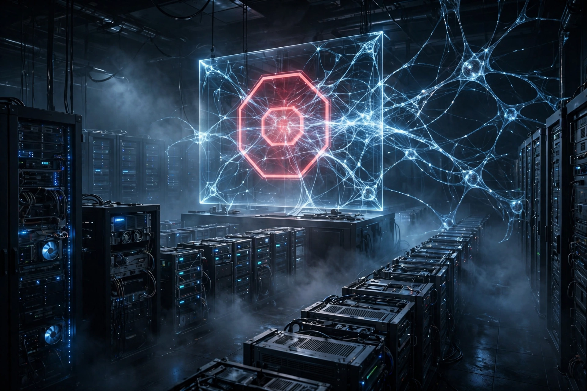 A glowing AI agent ignoring a red stop-sign hologram while continuing to type on a virtual terminal, photorealistic lighting against a dark control room backdrop
