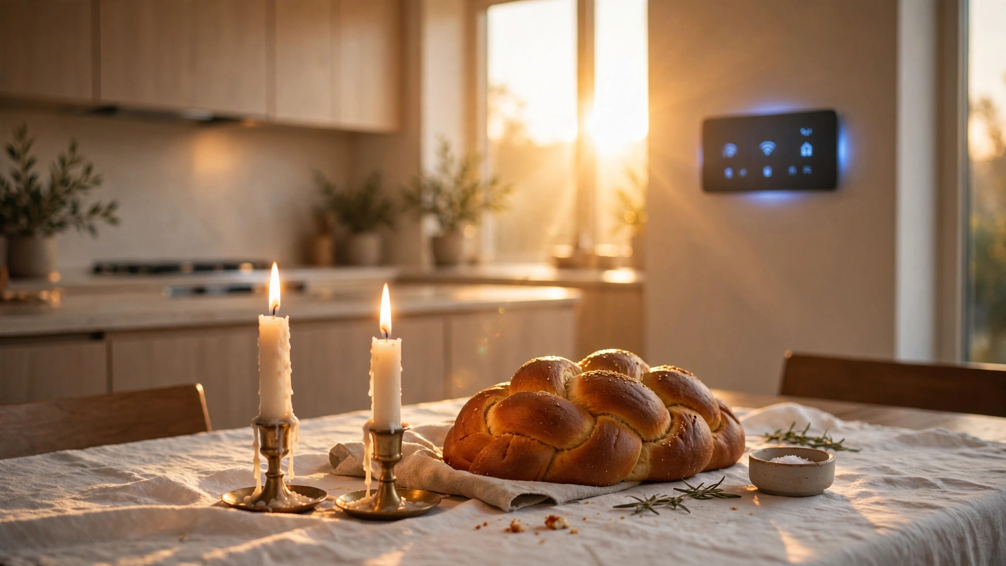 A warm kitchen at golden hour with Shabbat candles glowing on a table, while in the background smart home panels show gentle ambient status indicators, the scene bridging ancient ritual and modern technology