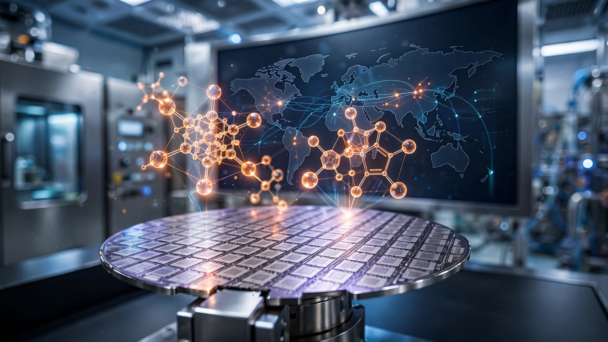 A molecular structure visualization floating above a semiconductor wafer, with supply chain flow lines connecting to a world map