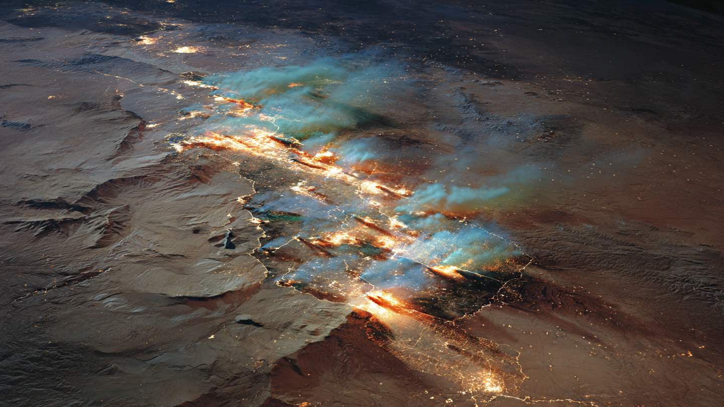 Satellite view of methane plumes rising from oil and gas infrastructure in an arid basin