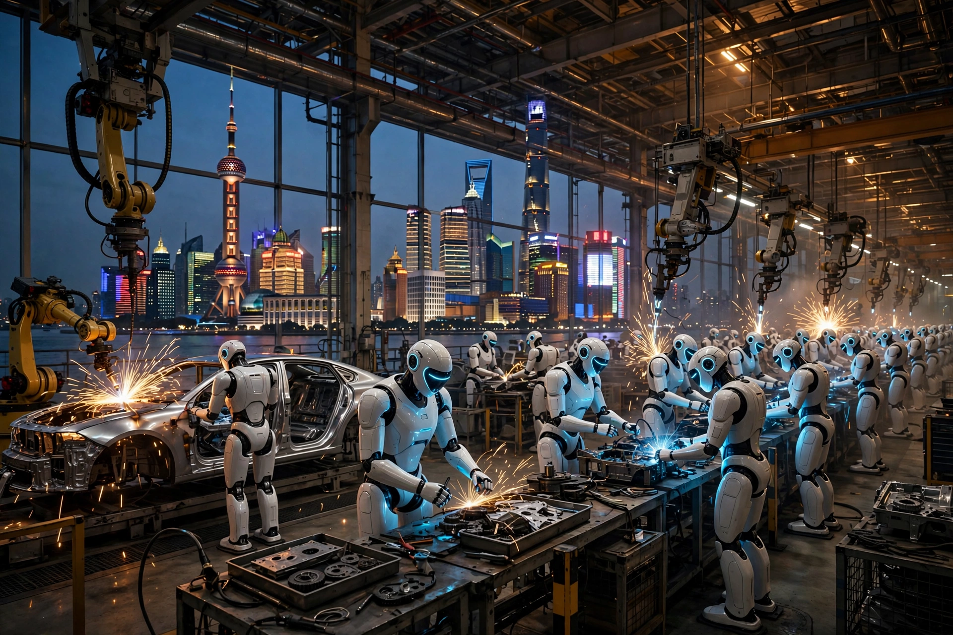 Dozens of white humanoid robots working on automotive assembly lines at dusk, the Shanghai skyline beyond the factory windows