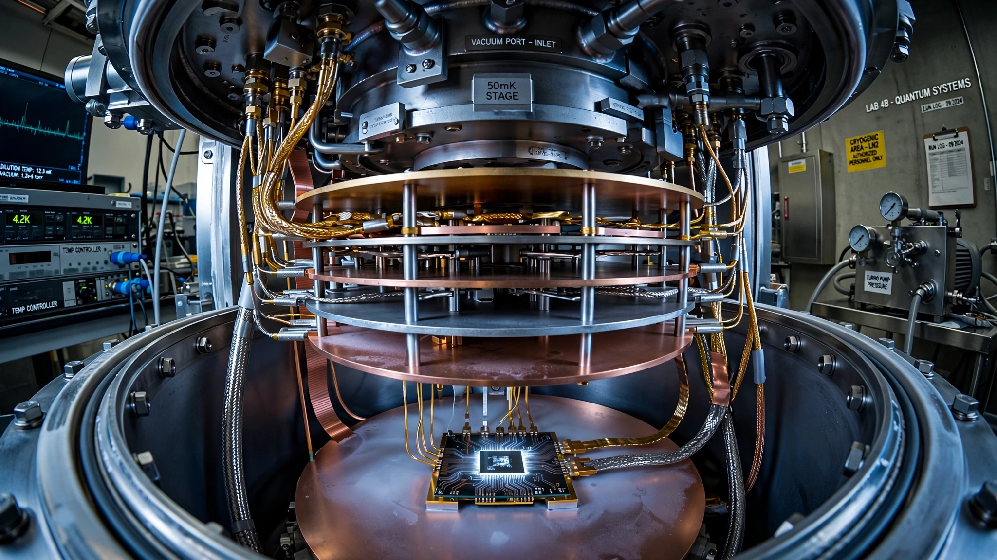 Interior of a cryogenic dilution refrigerator with silicon carbide circuit traces glowing at near absolute zero