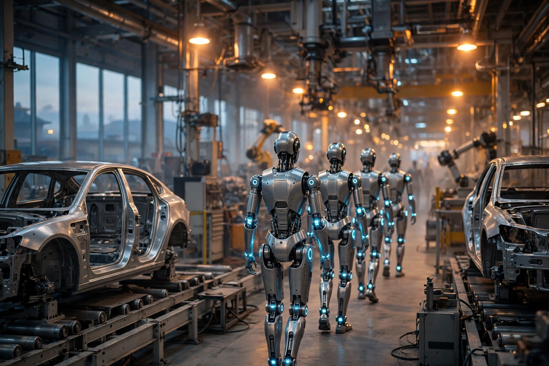 Four humanoid robots with glowing joints walking down an automotive assembly line between car bodies at dawn