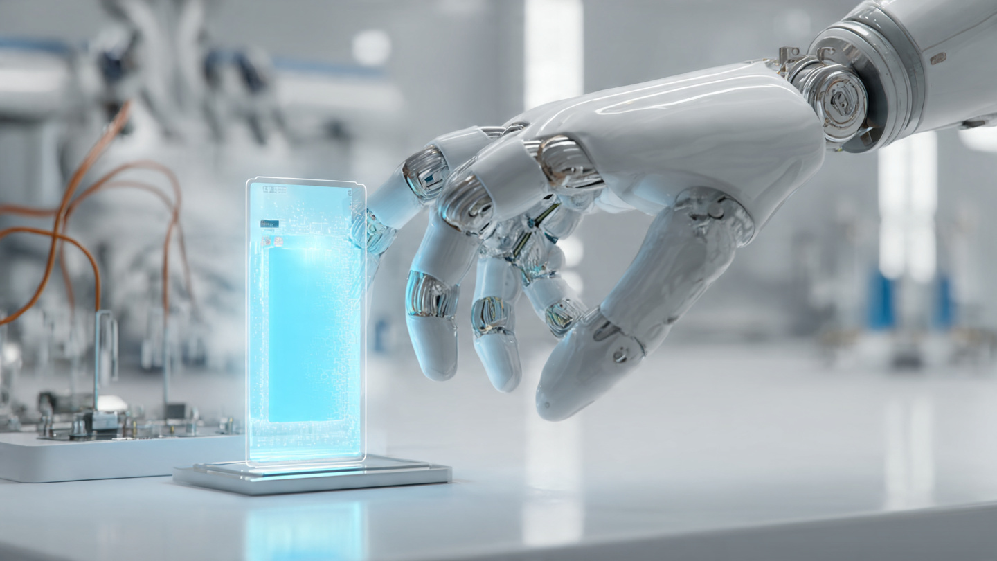 A translucent solid-state battery pouch cell glowing with soft blue light held in a robotic hand against a clean factory background
