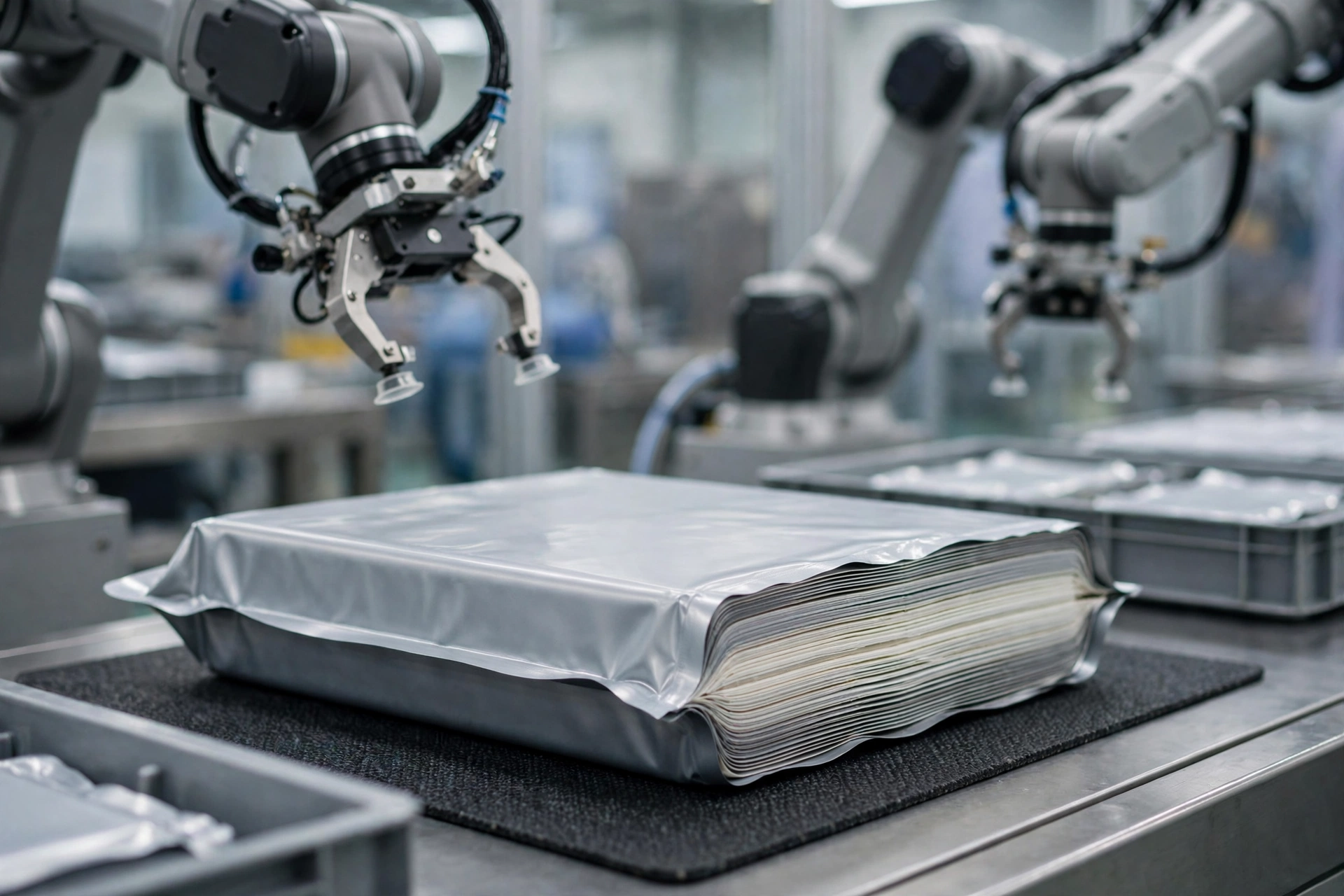 A large-format lithium ceramic battery pouch cell on a factory line in Taiwan, ceramic separator layers visible at the cut edge, robotic handling arms in soft industrial lighting