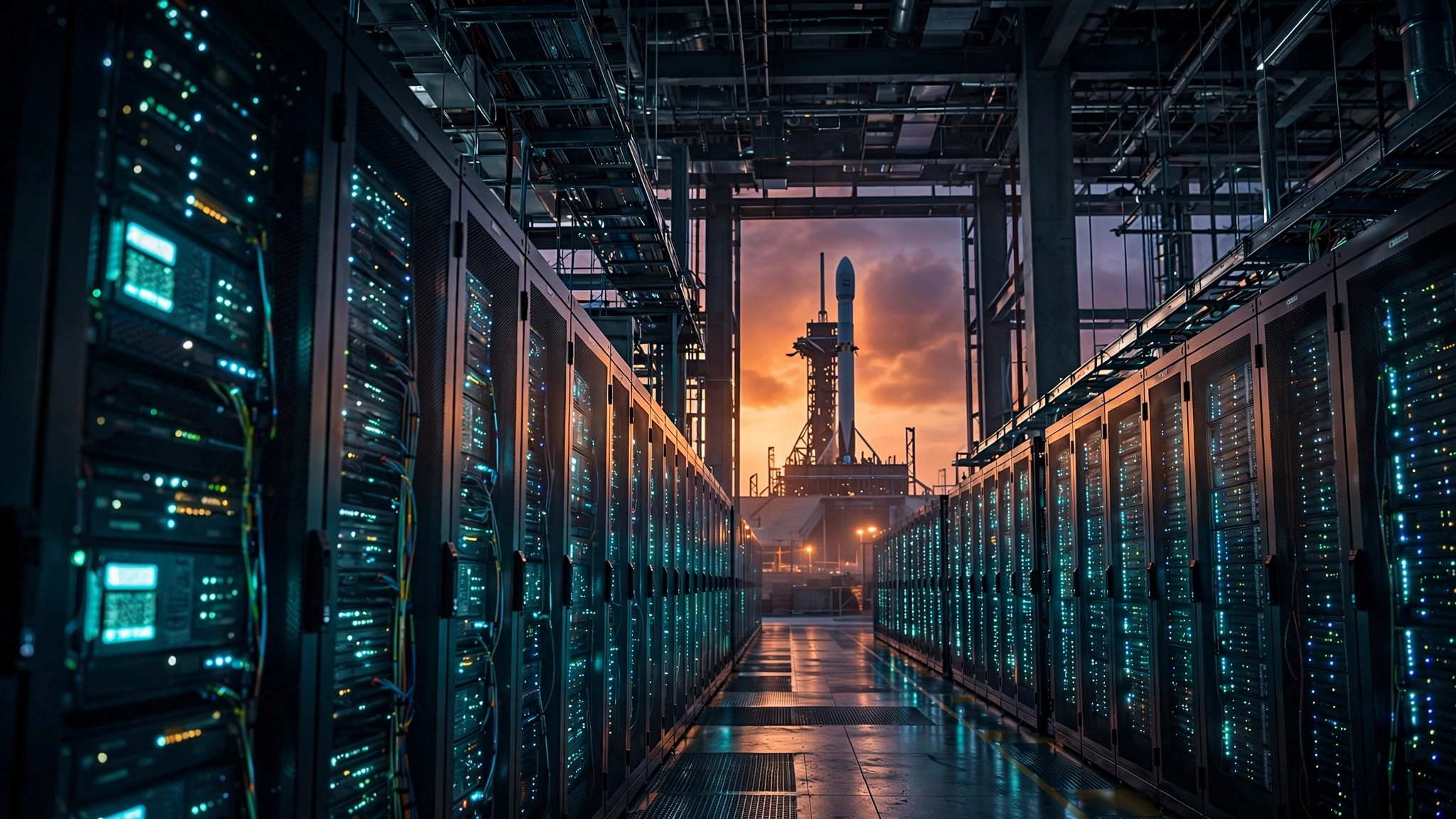 Massive data center facility with SpaceX rocket in the background against a twilight sky