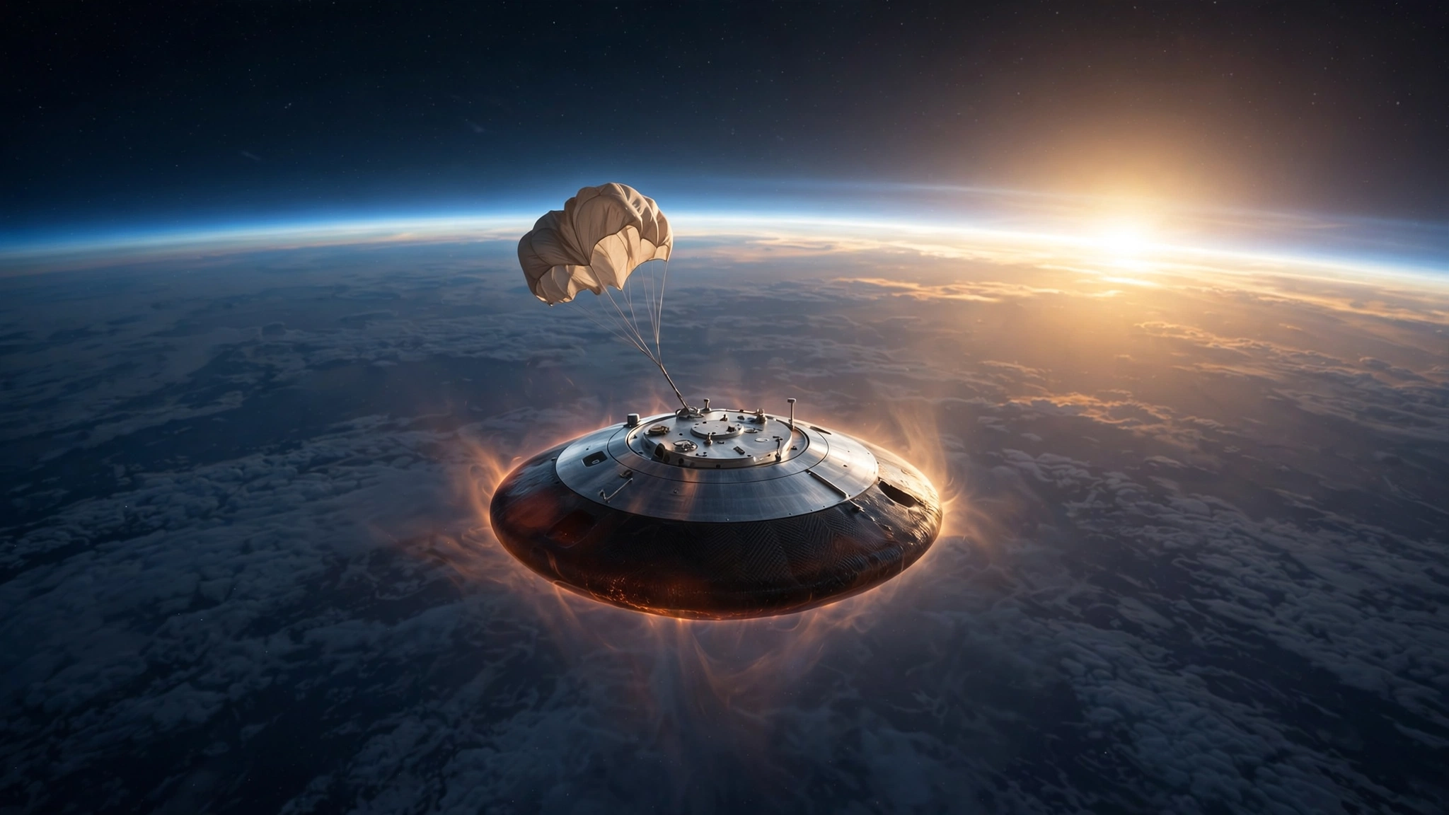 Small white reentry capsule with carbon-fiber heat shield separating from a spacecraft above Earth's atmosphere, ocean visible below