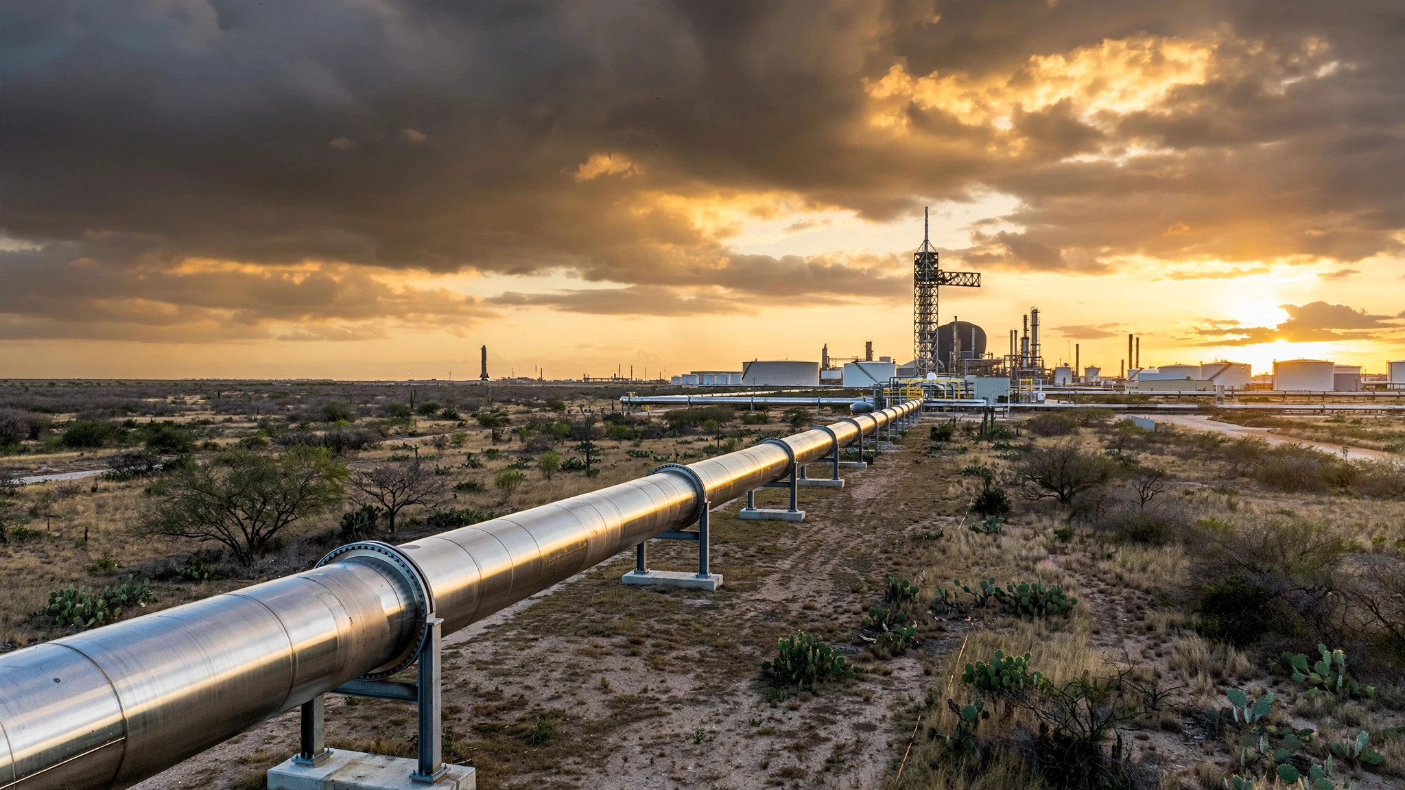 A gleaming natural gas pipeline stretching across flat South Texas scrubland toward a distant launch tower