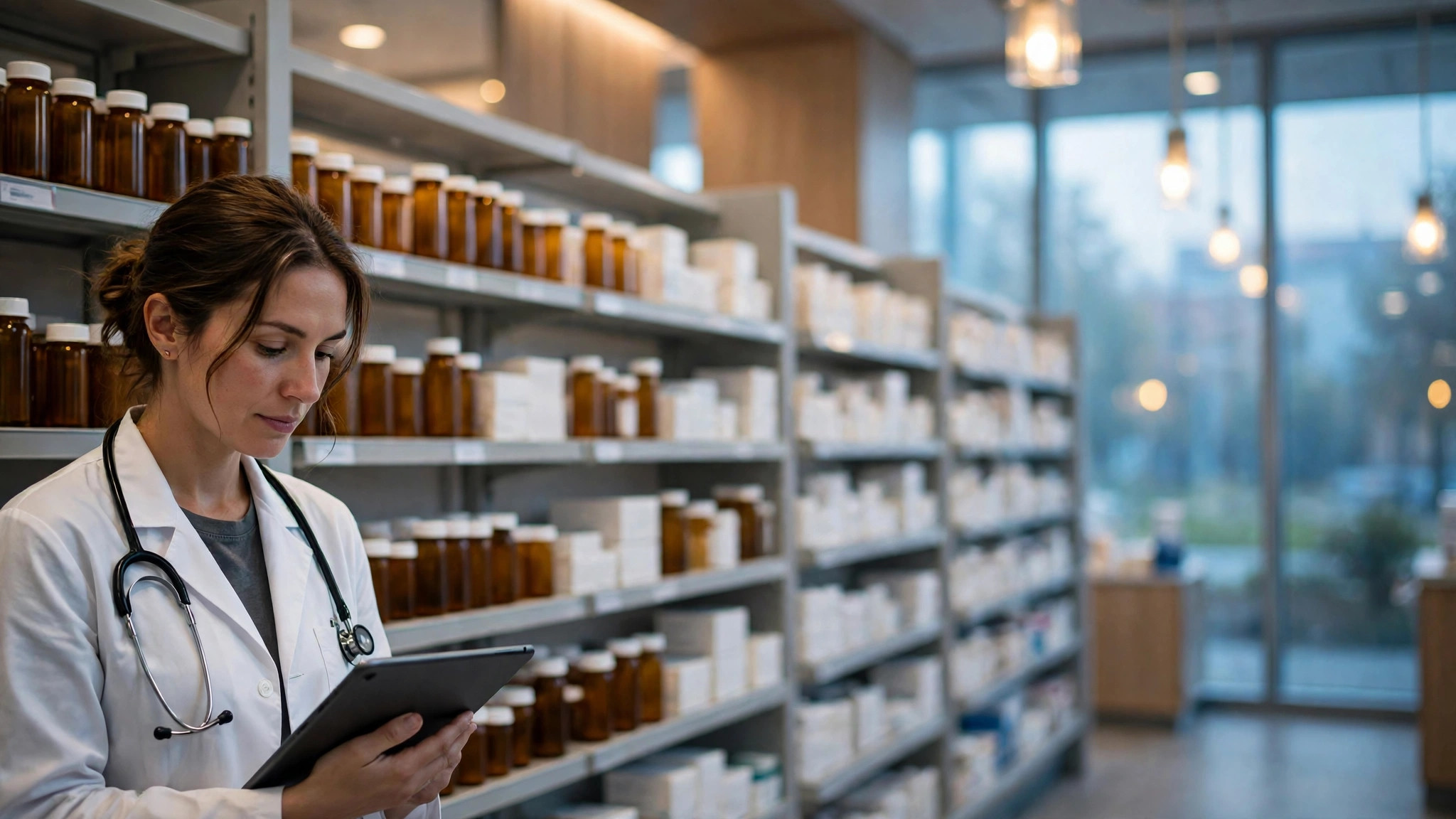 Hospital outpatient pharmacy at dawn: shelves of prescription bottles receding into soft focus while a pharmacist reviews a tablet, cool blue window light