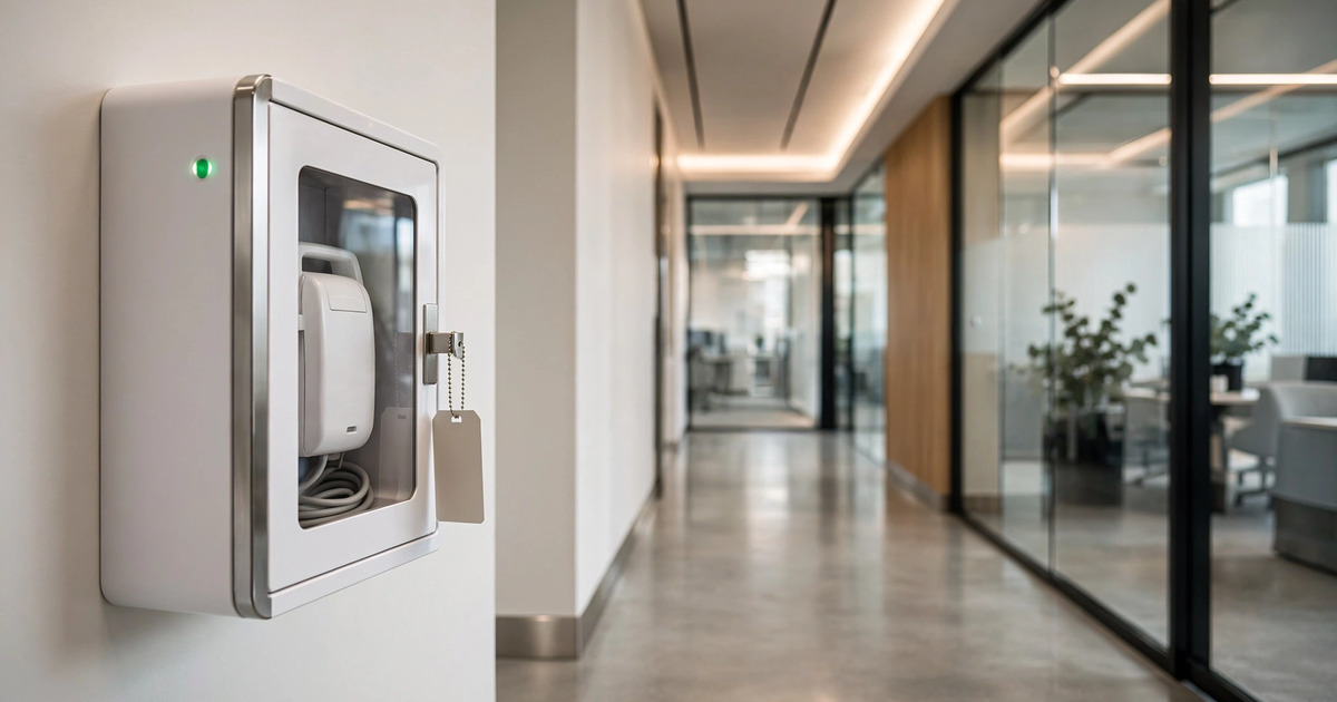Wall-mounted AED cabinet with green ready-status light in a modern office hallway