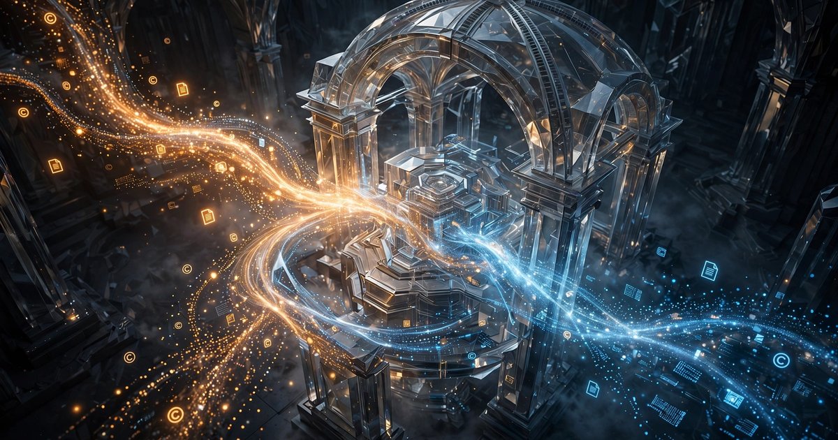 Abstract visualization of data streams flowing through a crystalline processing structure with copyright symbols embedded in the flow