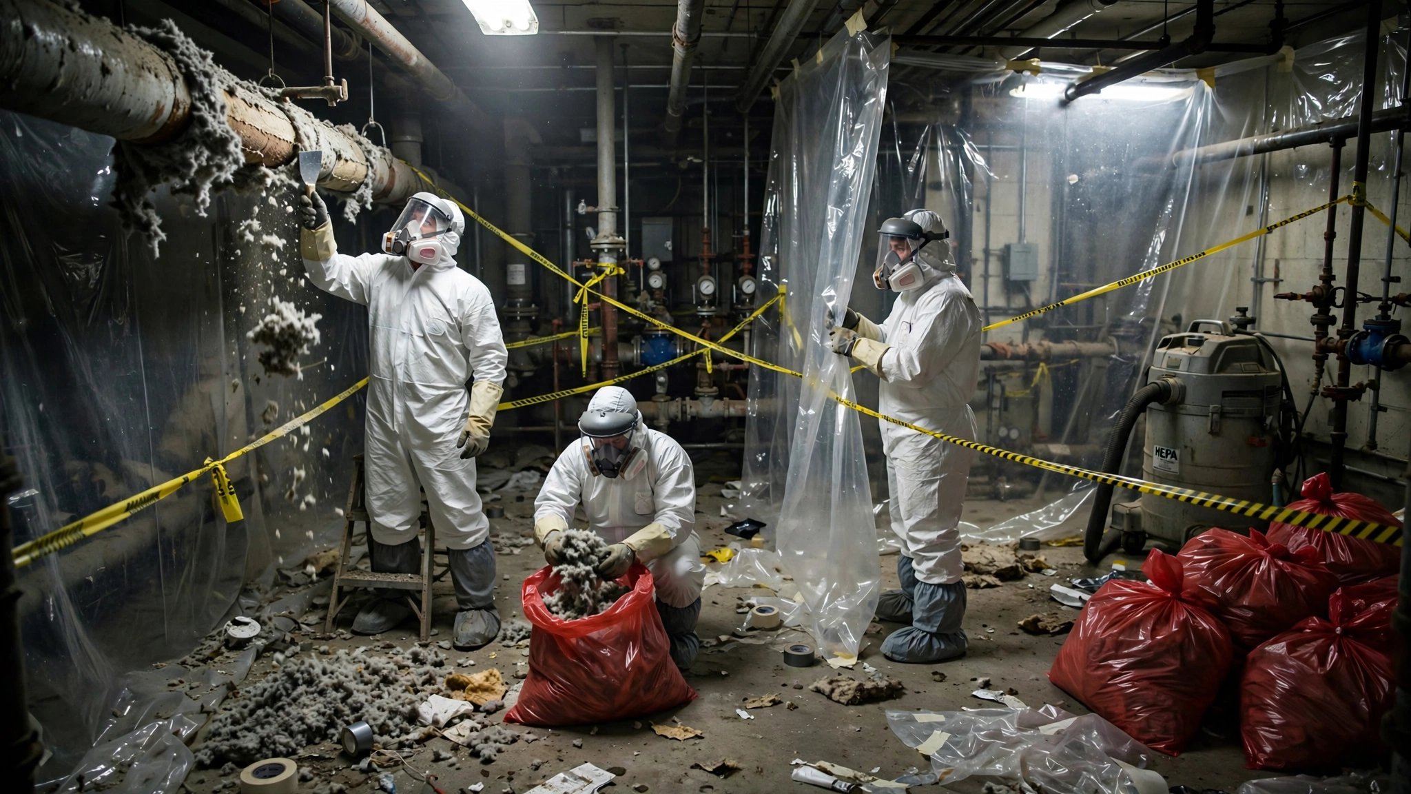 Workers in white Tyvek suits removing asbestos pipe insulation inside a commercial building mechanical room with plastic containment barriers