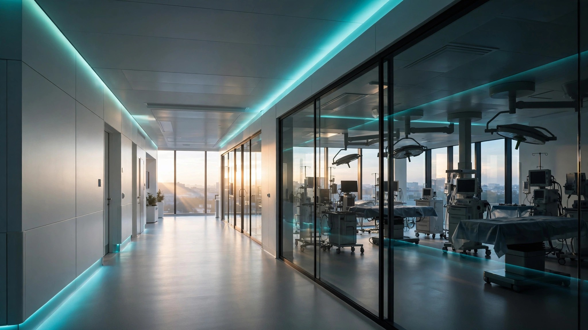 Modern ambulatory surgery center interior with clean corridors and operating suites