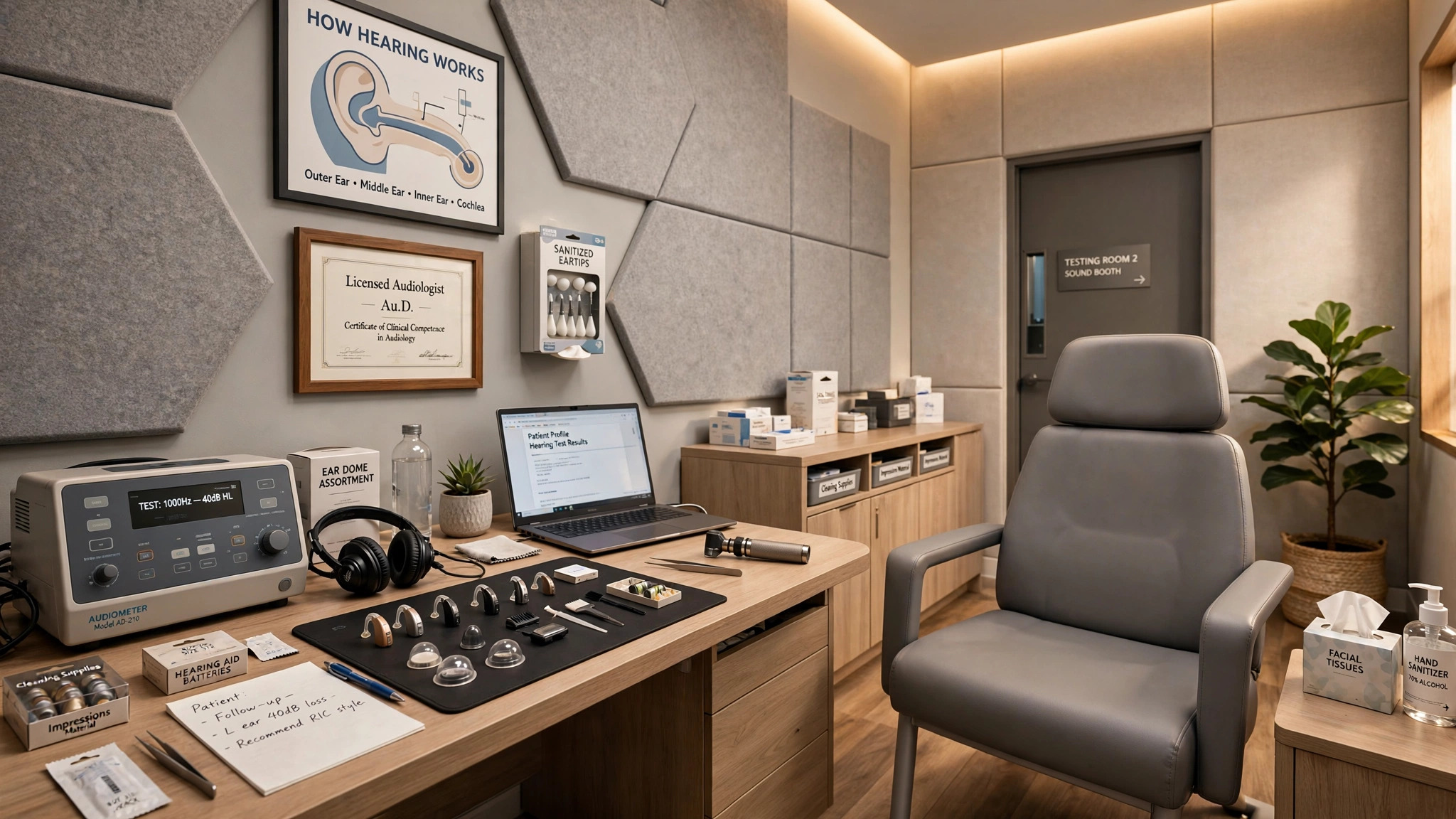 Interior of an independent audiology clinic with hearing aid devices on a testing mat and professional equipment