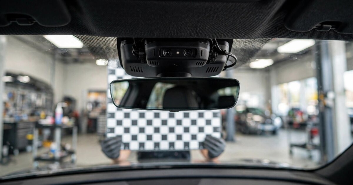 Close-up view of ADAS forward-facing camera module mounted behind windshield rearview mirror with calibration target in background