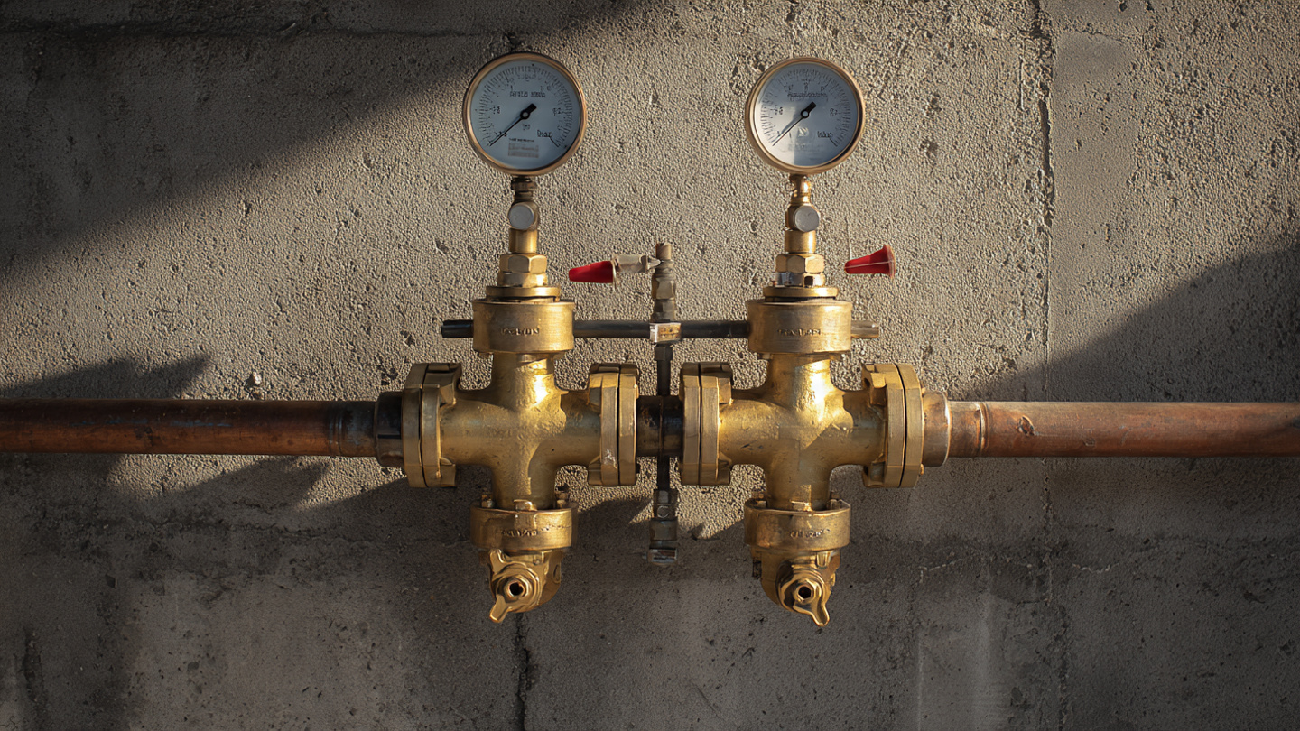 Brass backflow preventer assembly on a commercial building water line with a technician's test gauge attached