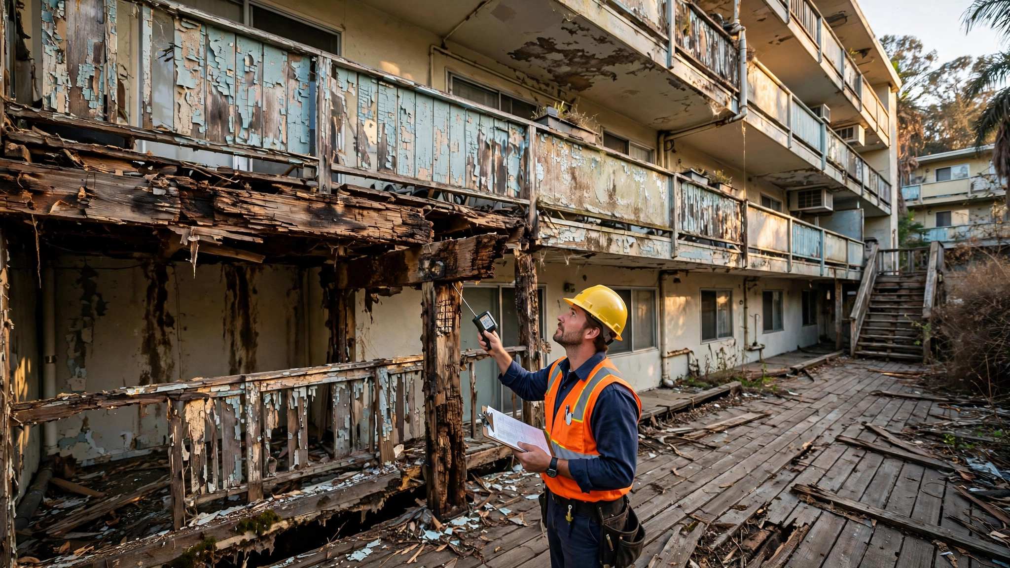 Structural inspector examining a weathered wooden apartment balcony with moisture meter