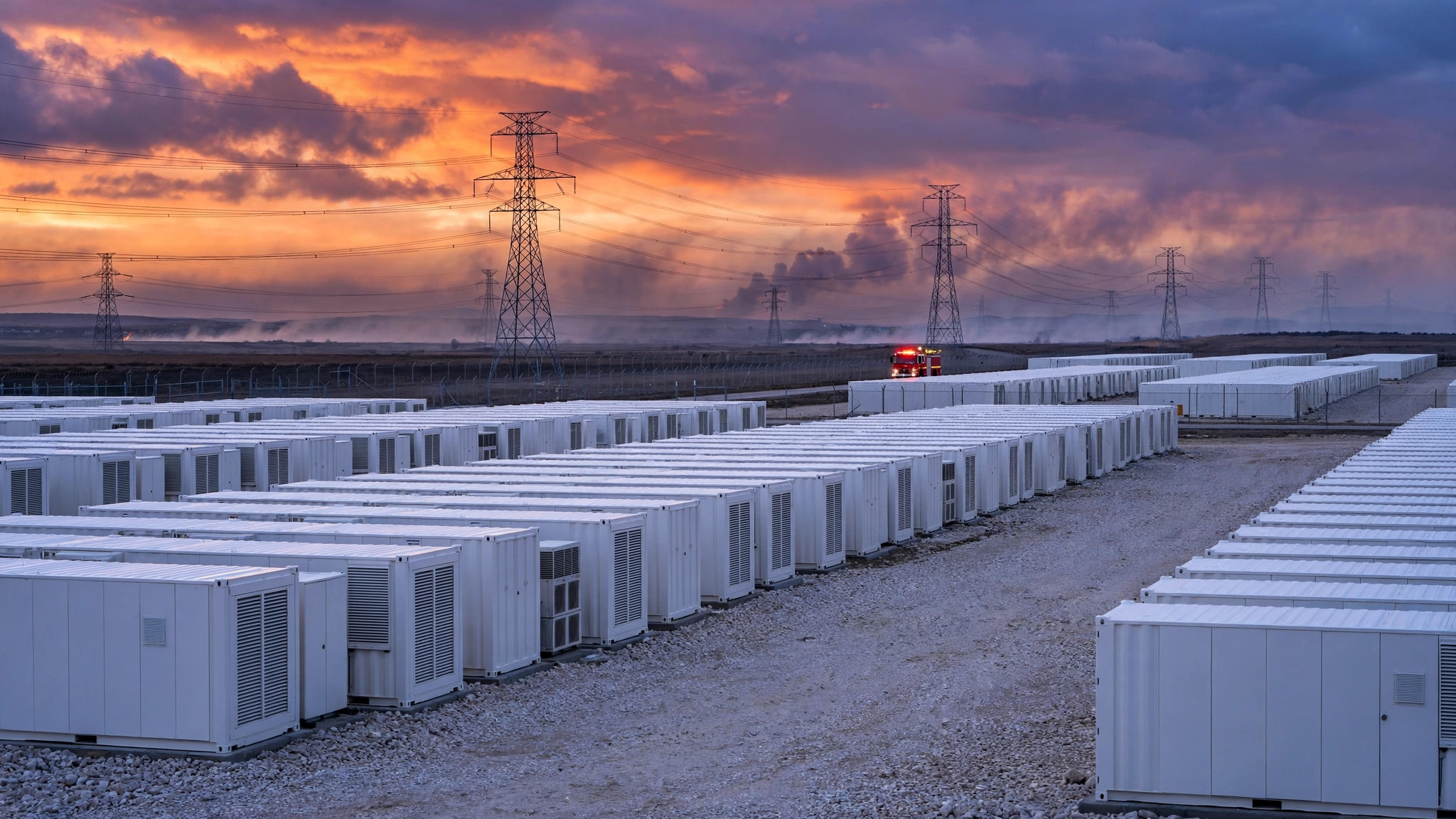 Rows of white utility-scale battery storage containers at dusk, transmission towers behind them, with a faint smoke haze on the horizon and a fire engine near the fence line