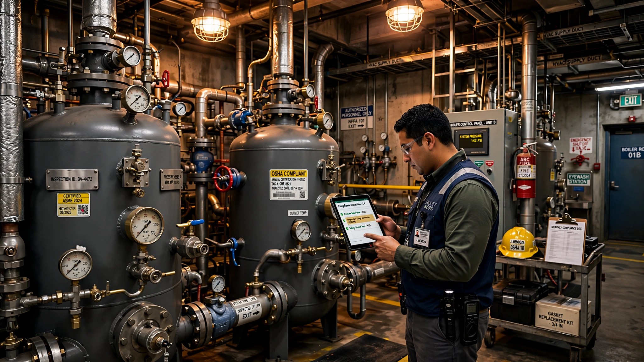 Commercial boiler room with large steel pressure vessels, inspection gauges, and a building manager reviewing compliance tags on a tablet