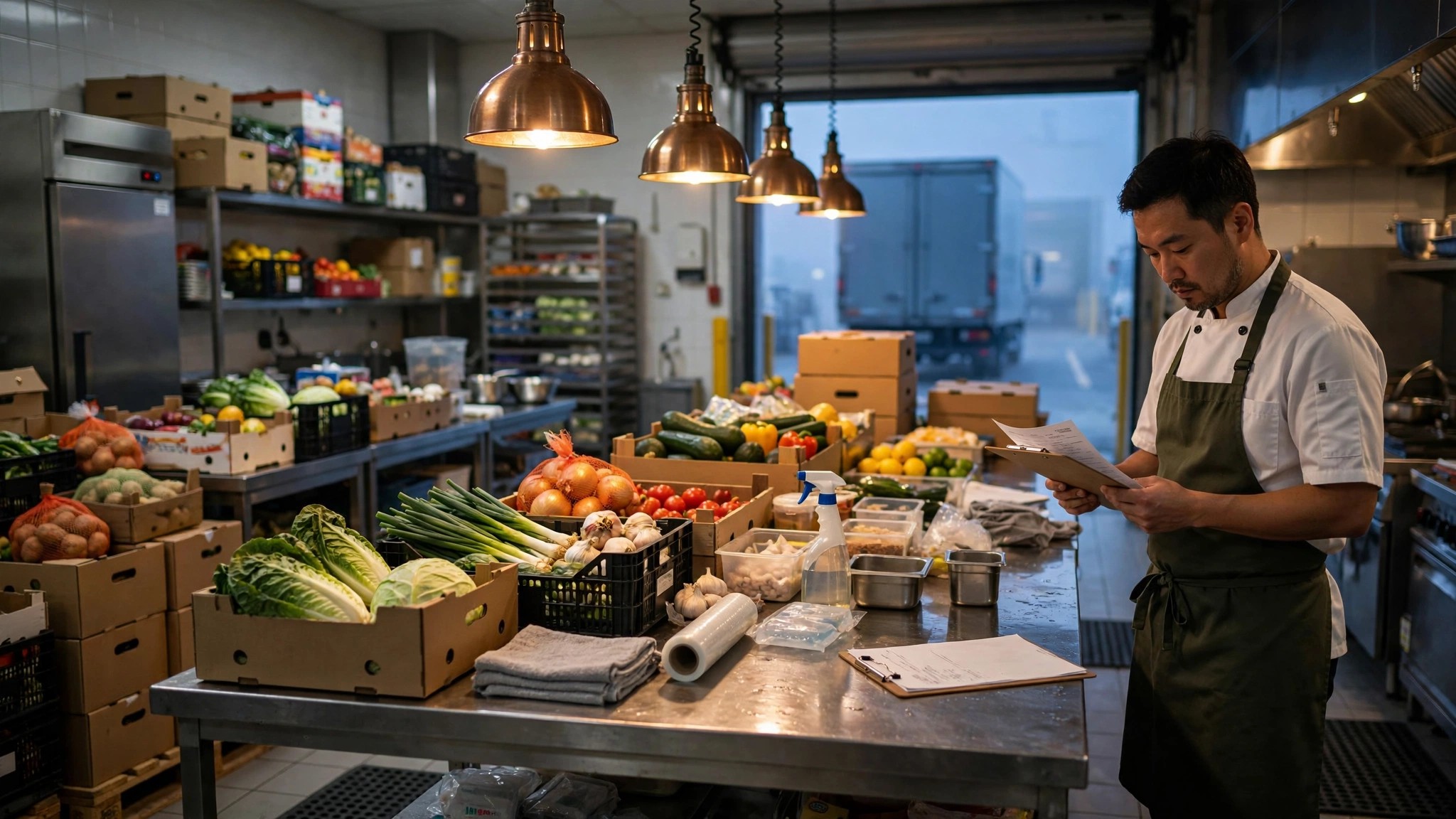 Restaurant kitchen loading dock at dawn with stacked food supply cases and delivery invoices on a prep table