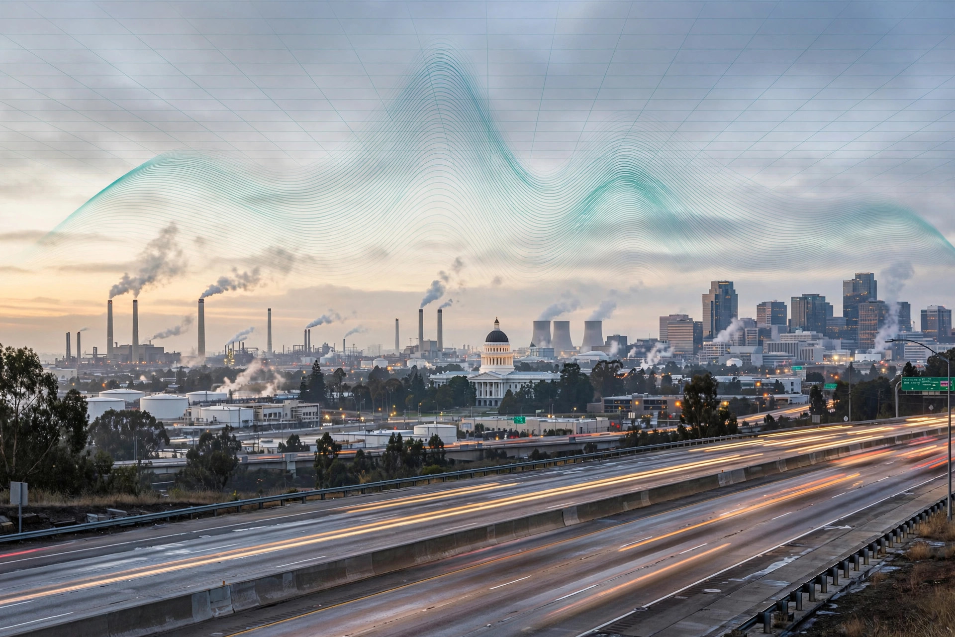 The California State Capitol dome at dawn seen across a freeway, with industrial smokestacks, downtown towers, and a translucent teal grid of emissions contours across the sky