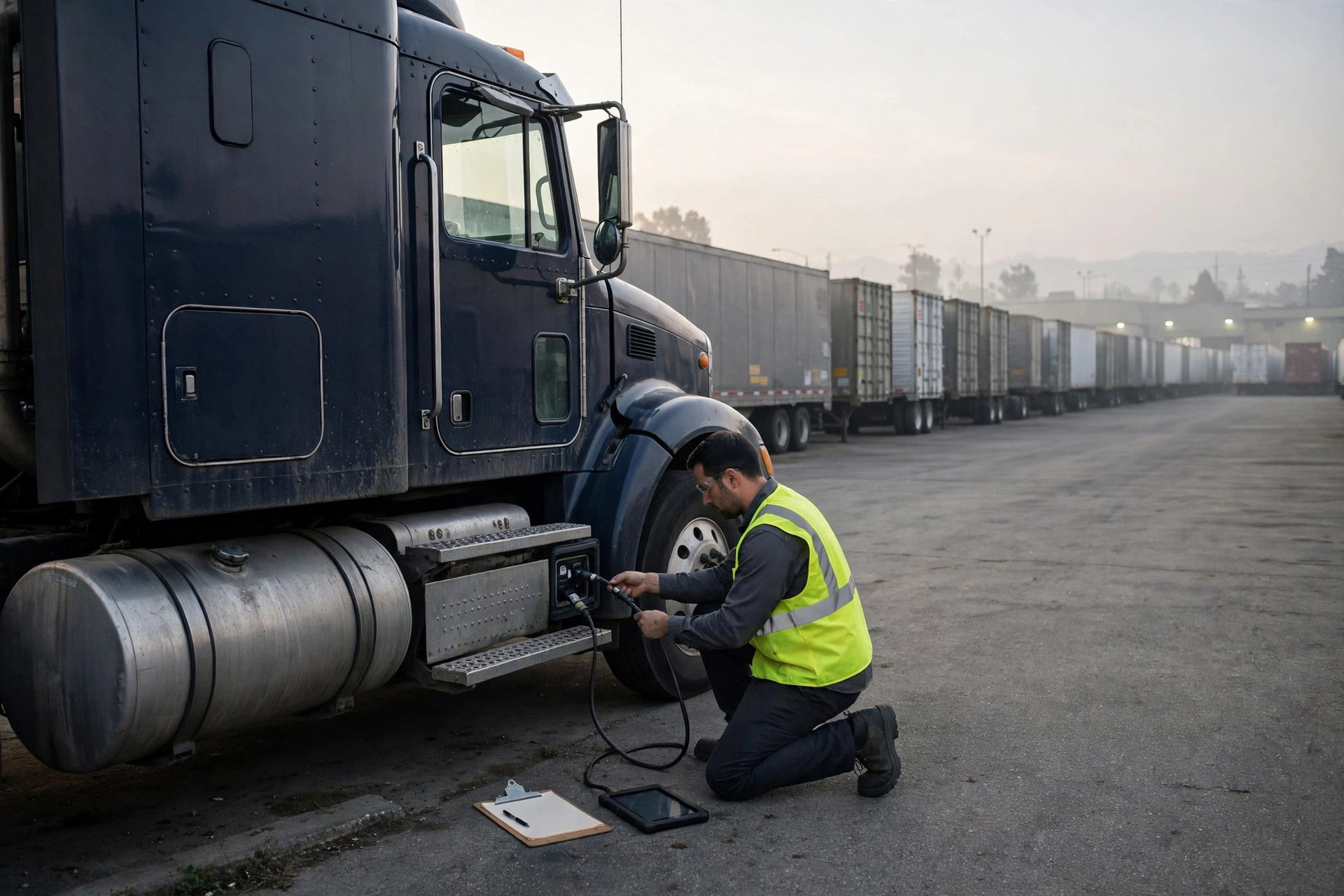 Technician in a high-visibility vest connecting a diagnostic emissions test tool to a semi-truck in a California freight yard at dawn