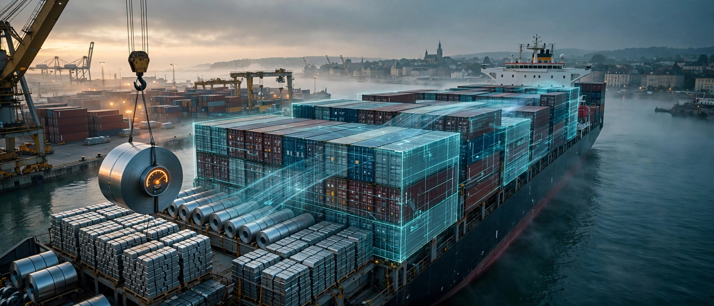 Container ship loaded with steel coils approaching a European port at dawn, with a translucent carbon-pricing grid overlaid on the containers like a customs scan