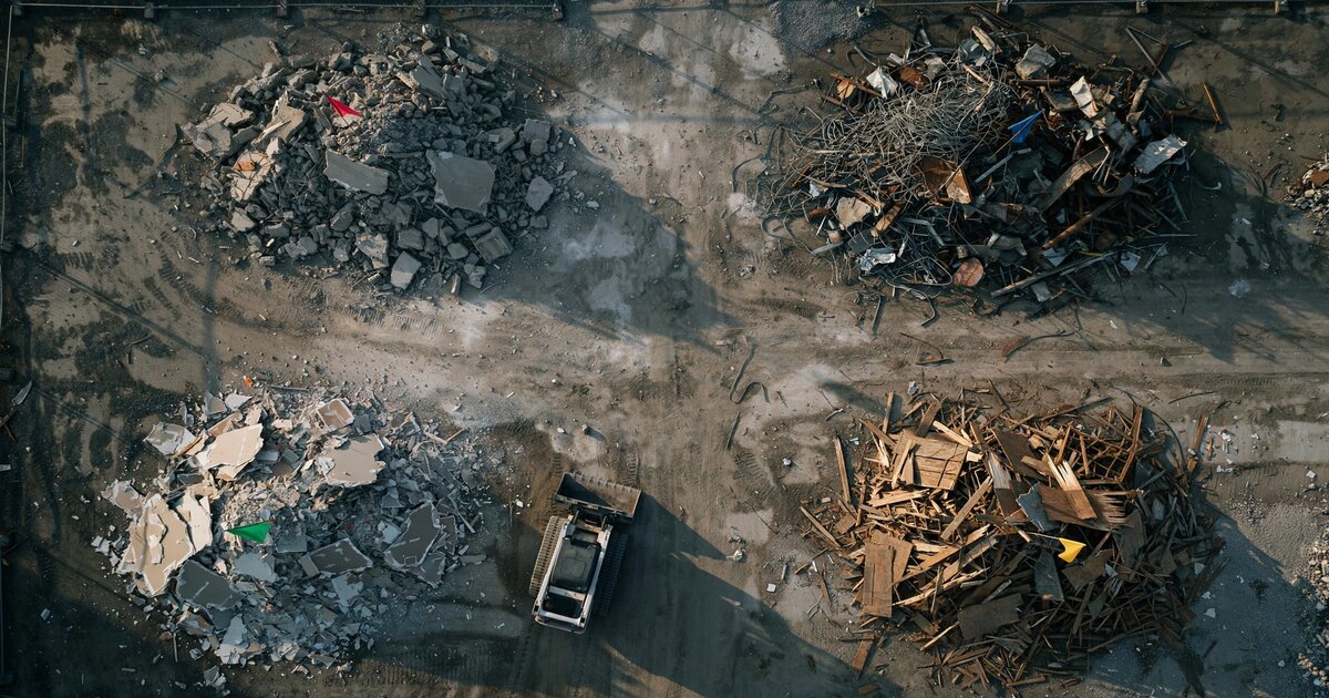 Overhead view of a demolition site with color-coded debris sorting piles of concrete, metal, wood, and drywall in morning light