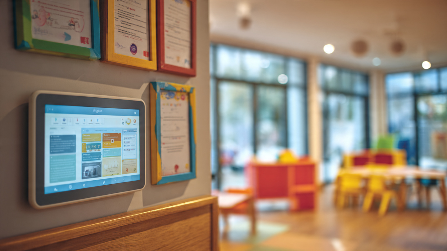 Childcare center office with compliance dashboard on laptop