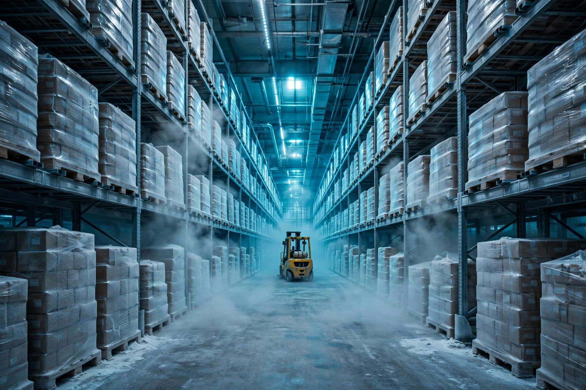 Interior of a refrigerated cold-storage warehouse: tall racks of frosted pallets receding into cold blue distance, a forklift mid-aisle in drifting vapor