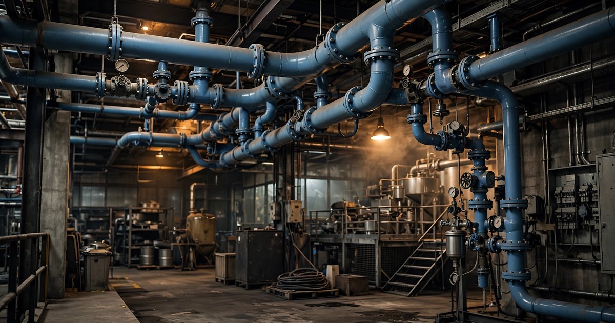 Industrial compressed air pipe distribution network in a manufacturing facility with blue steel pipes, fittings, and junction points