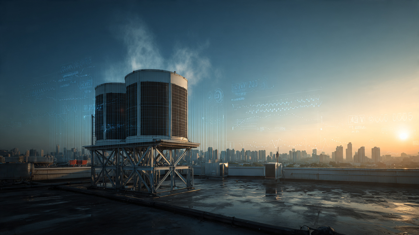 Commercial building rooftop cooling tower at dawn with monitoring overlay