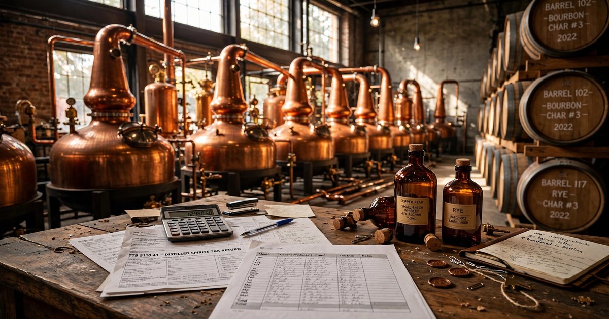 Rows of copper distillery stills and oak barrels in a craft production facility with paperwork and tax forms on a desk in the foreground