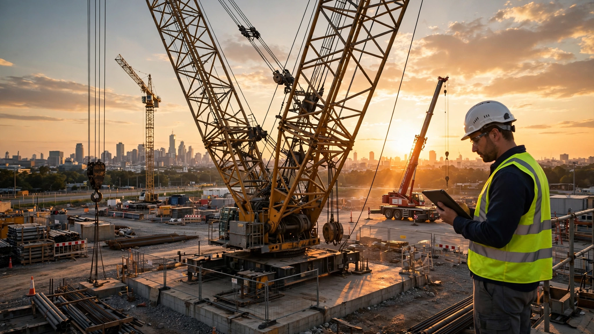 Construction crane at a job site with inspector using digital tablet during golden hour inspection